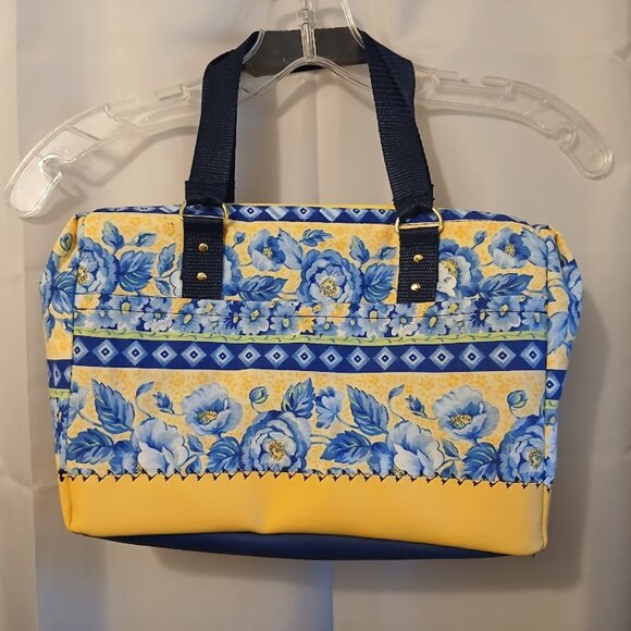 New Blue Yellow Roses Floral Satchel Purse Handbag Vibrant Country Chic Vinyl - Picture 2 of 10